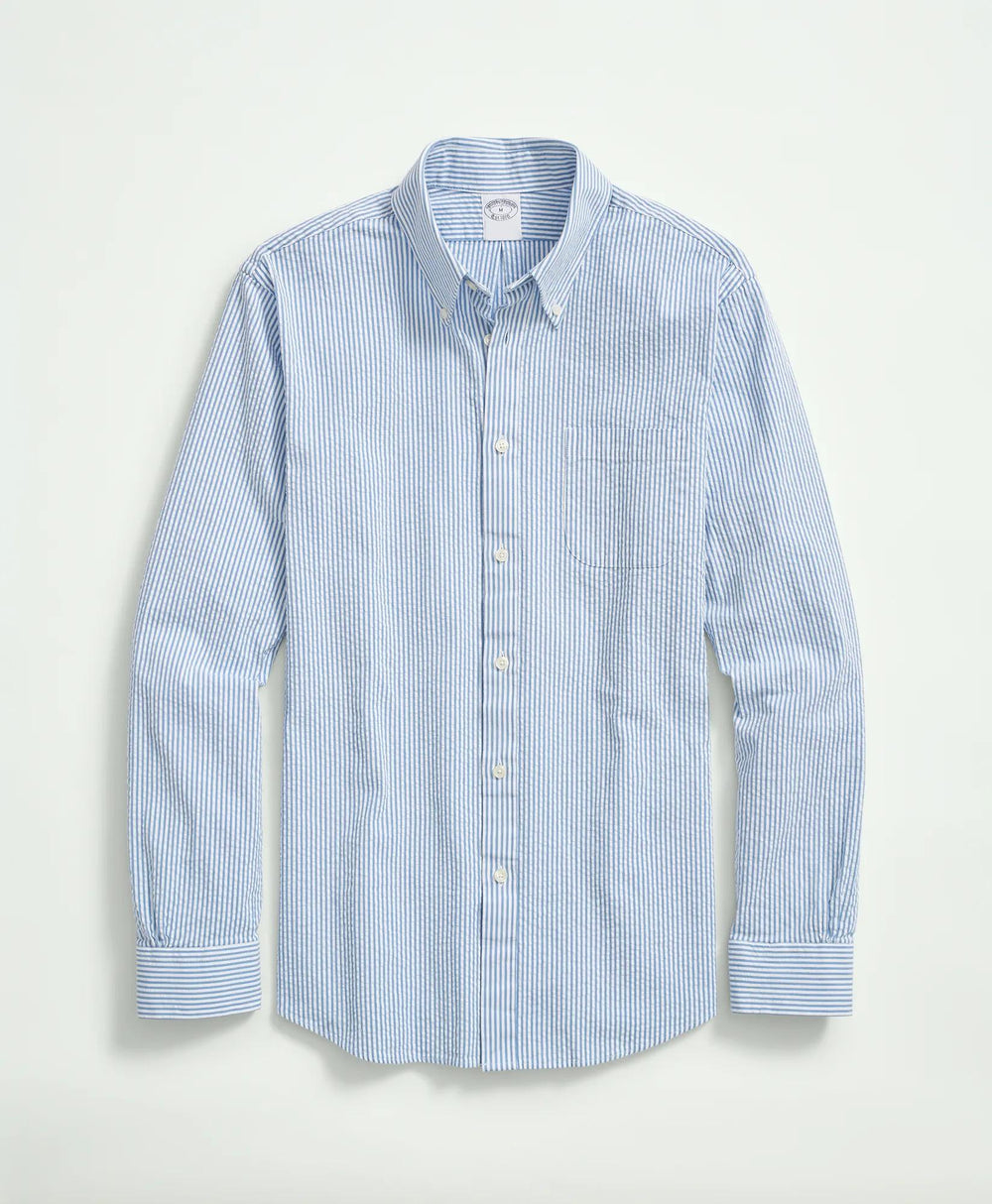 Washed Cotton Seersucker Button-Down Collar, Stripe Sport Shirt | Brooks Brothers online shop