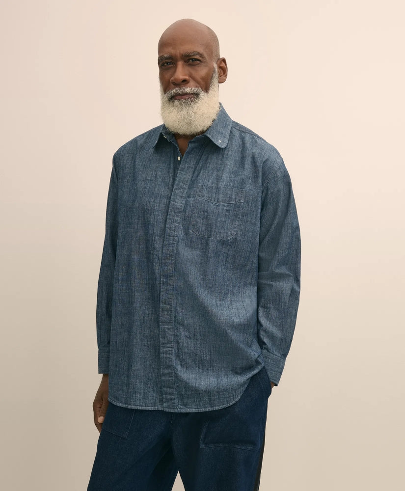 Brooks Brothers X Engineered Garments Cotton Chambray Round Pinhole Collar Oversized Dress Shirt | Brooks Brothers for sale